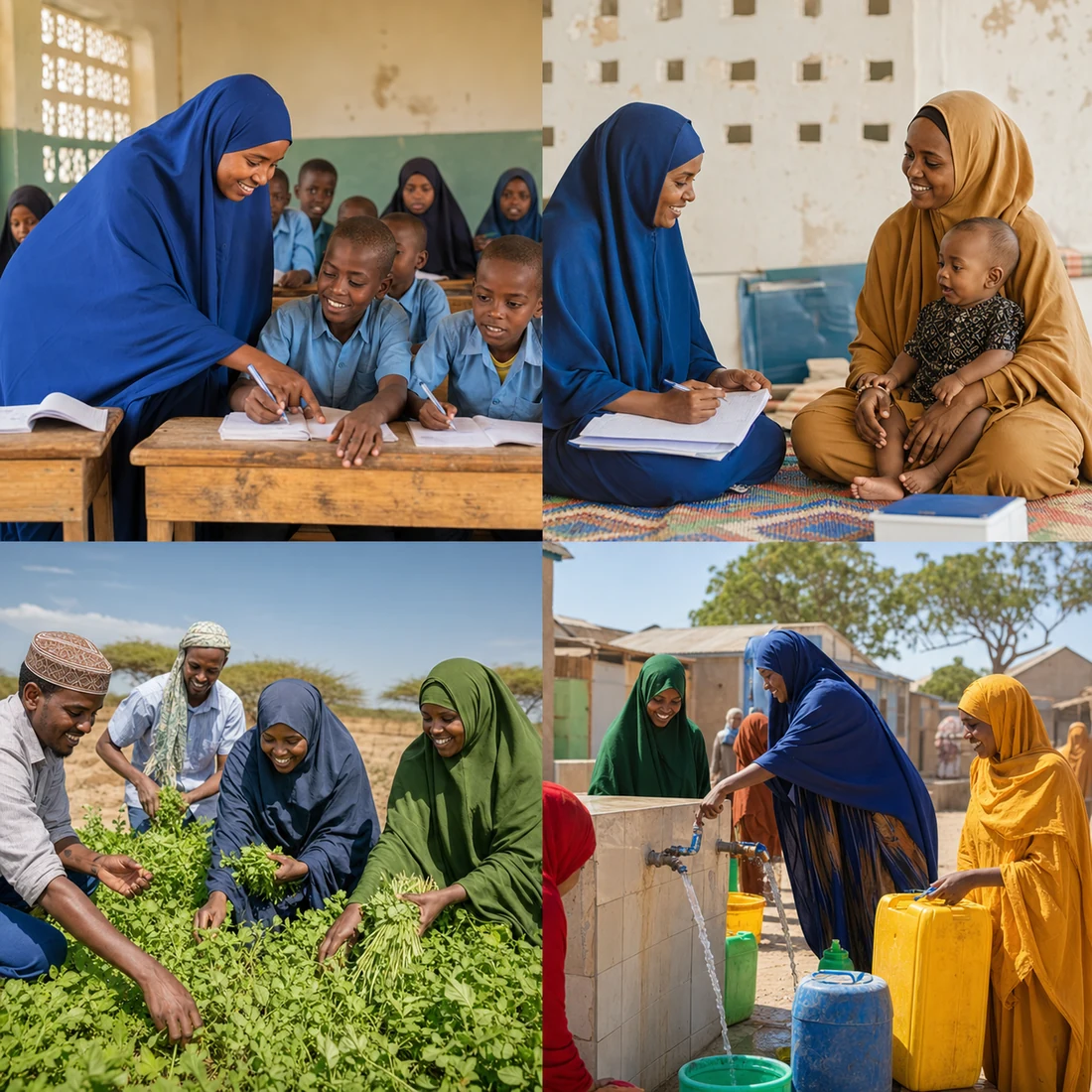 Illustrative collage of Somali communities participating in education, health, livelihoods, and safe water activities