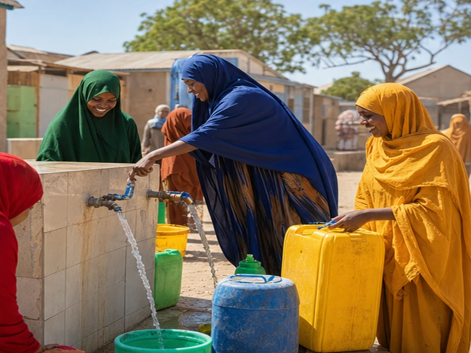 Illustrative water, sanitation & hygiene community scene